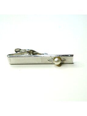 Vintage Foster Silver Tone Faux Pearl Tie Clip Floral Engraved Tie Bar